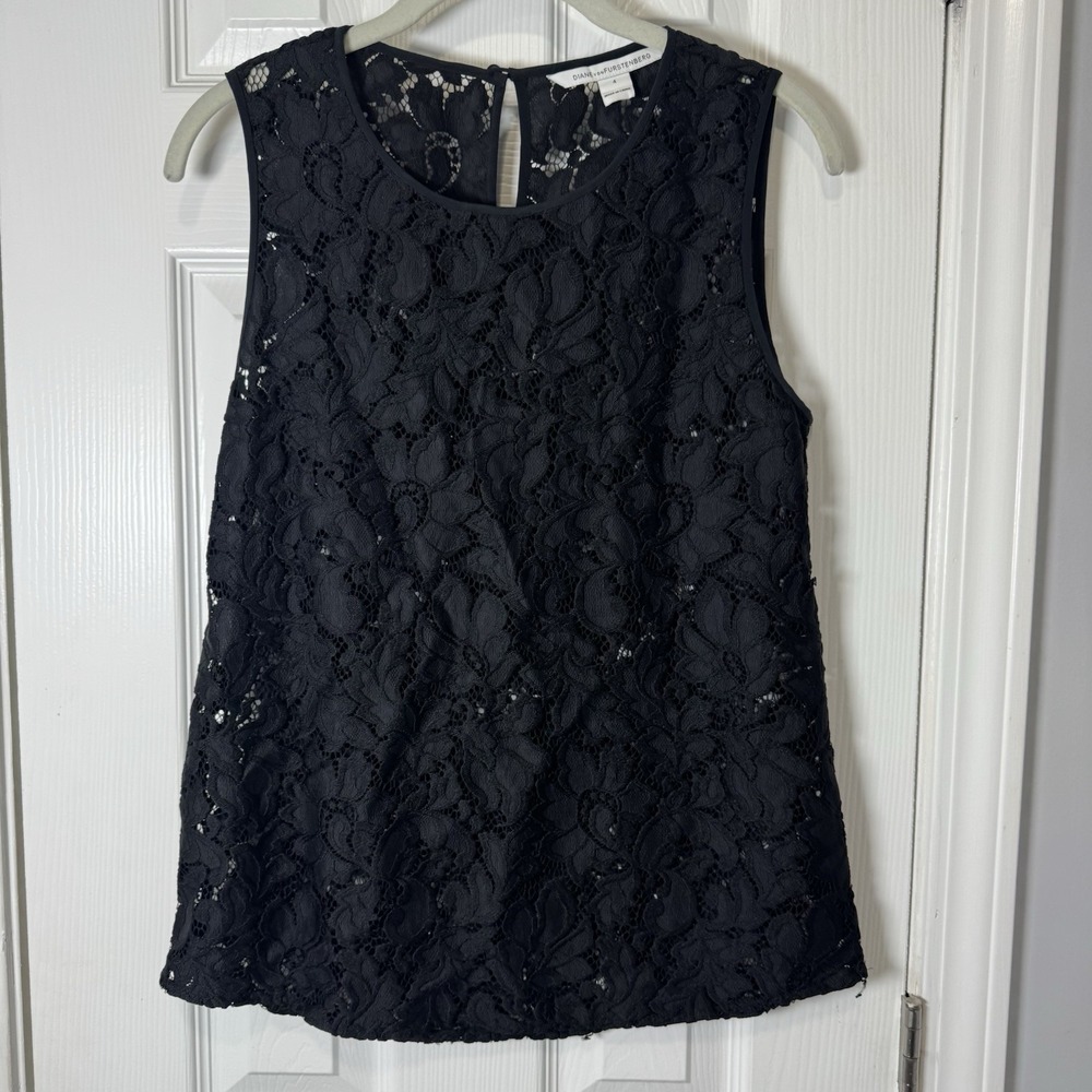 Diane Von Furstenberg DVF Womens Tank Black Lace Sleeveless Sz 4
